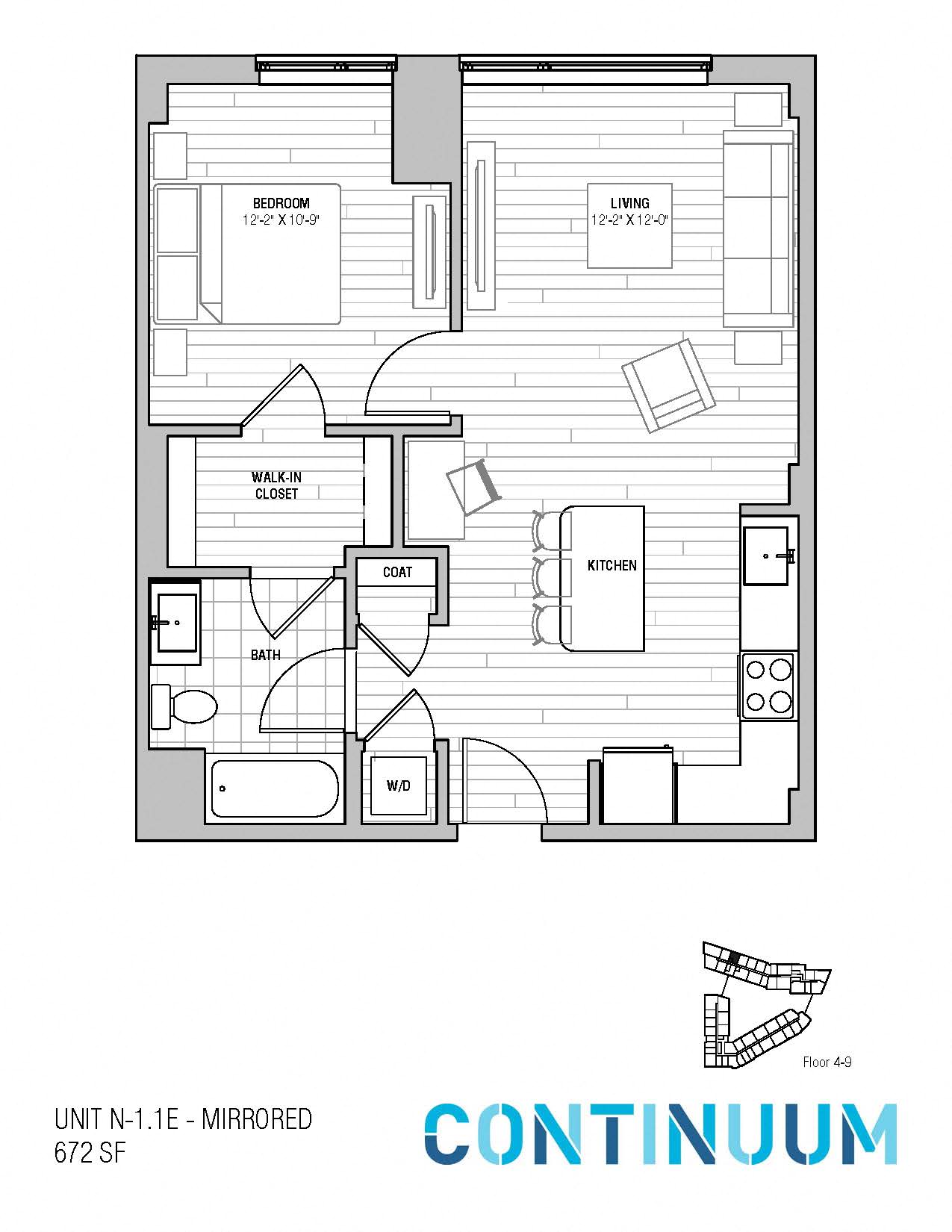 Floor plan for 1 bed, 1 bath, 672 sqft